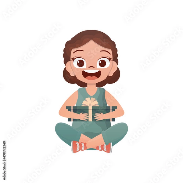 Obraz A cute little girl sits in a lotus position with a gift in her hands. Cartoon style. Vector illustration.