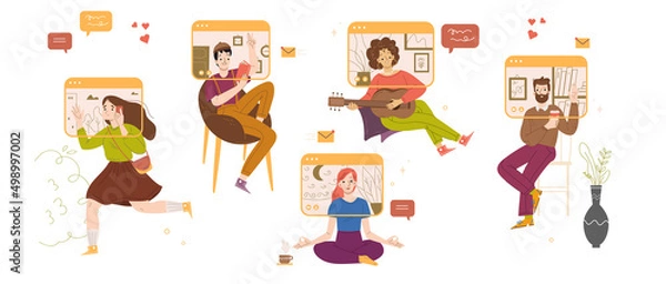 Fototapeta People video chat, virtual online conference, computer screens with characters meditate, playing guitar, read, drink coffee. Friends distant communication, Linear cartoon flat vector illustration