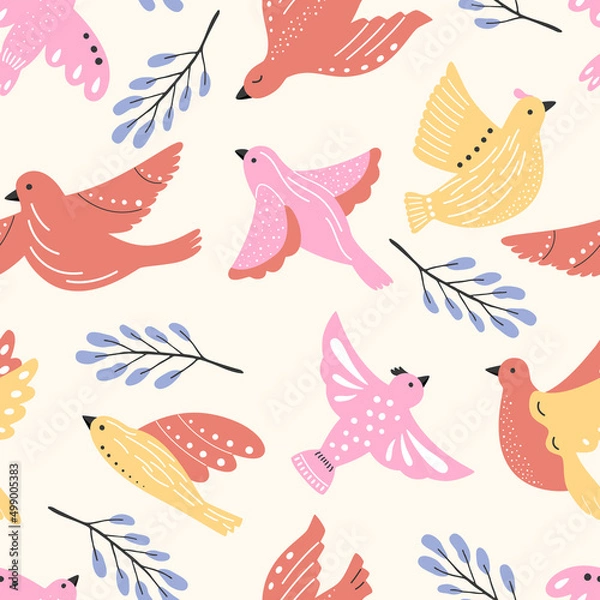 Fototapeta Vector peaceful flying birds of different colors on a seamless pattern. Colorful spring summer print, bright romantic doves.