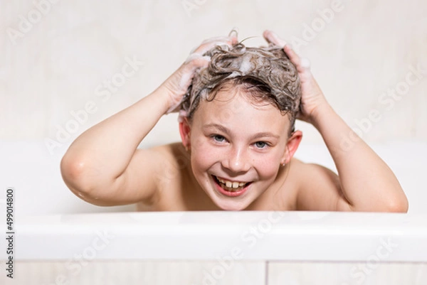 Obraz Happy bathing baby with foam on his head