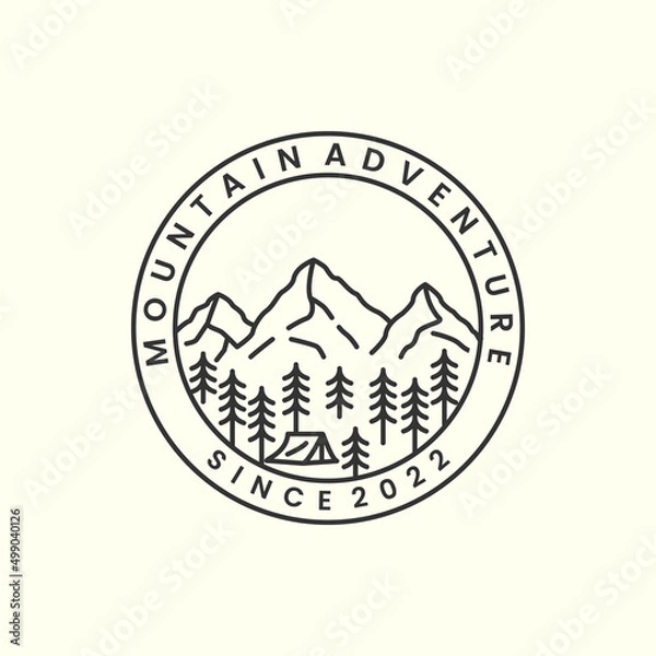 Fototapeta mountain with badge and line art style logo icon template design.adventure,tent,river, tree, vector illustration