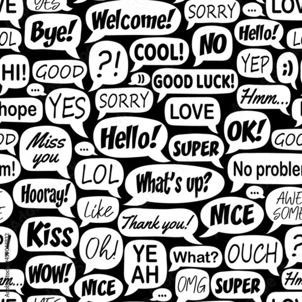 Fototapeta Black and white seamless pattern with cartoon speech bubbles with dialog words: happy, thanks, good, bye. Modern vector illustration.