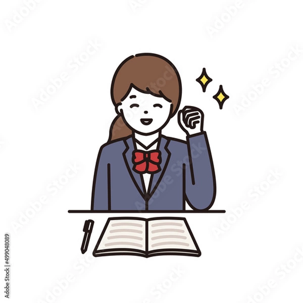 Obraz 授業中に笑顔でガッツポーズをする女子高生のイラスト