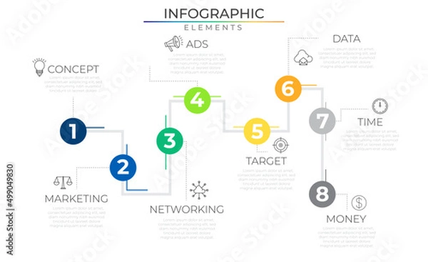 Obraz Annual eight steps timeline infographic design vector with icons. Business journey network project template for presentation and report.