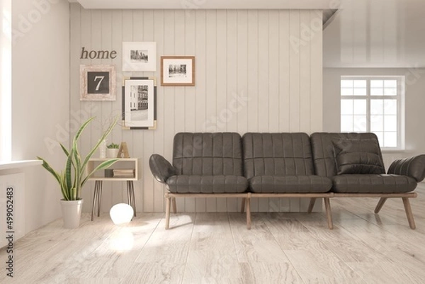 Fototapeta White living room with sofa. Scandinavian interior design. 3D illustration