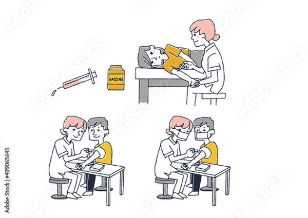 Fototapeta 注射に関する人物イラストセット　コミカルな手書きの人物　ベクター、線画にカラー