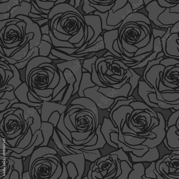 Obraz Vector seamless pattern. Black outline rose flowers on dark background