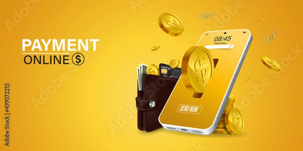 Obraz online payment via mobile phone.Coin drop in smartphone on yellow background. Shopping through your smartphone without having to carry cash. Pay online through an online wallet on your smartphone.