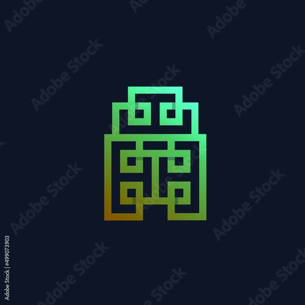 Fototapeta Real estate logo. House, building, construction icon isolated on dark background. Geometric style block of flats illustration. Architecture design. Bright neon color.