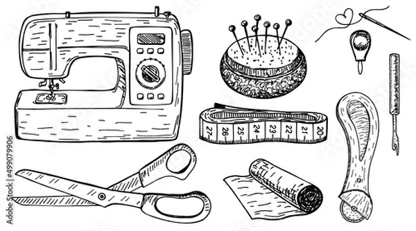 Fototapeta Set of sewing symbols. Vector photos in hand drawn style. Vintage handmade crafts. Retro sketch background. Threads, sewing machine, scissors, pins, ribbon, pillow with needles, centimeter