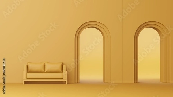 Fototapeta 3d rendering of yellow sofa on arch wall mockup