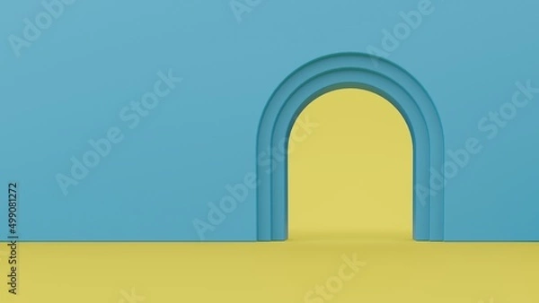 Fototapeta 3d rendering of empty blue arch wall mockup on yellow floor