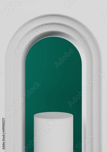 Fototapeta 3d rendering of white empty circle pedestal between black arch wall mockup on green background
