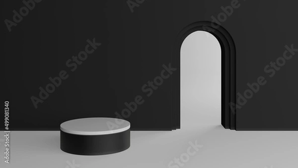 Fototapeta 3d rendering of white empty circle pedestal on black arch wall mockup