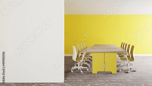 Fototapeta 3d rendering of meeting room in modern style, White working chair and wooden table empty yellow wall