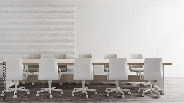 Fototapeta 3d rendering of meeting room in modern style, White working chair and wooden table empty wall