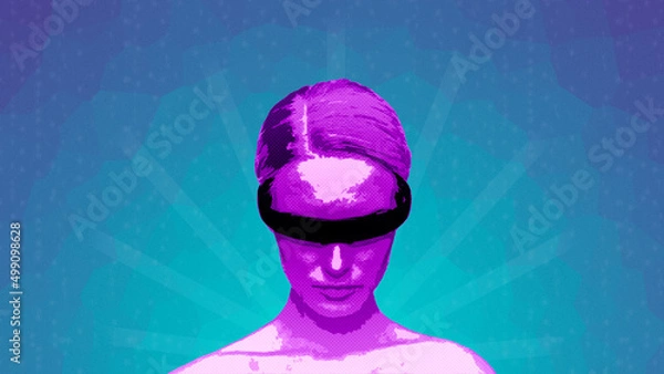 Fototapeta Woman using virtual reality simulator VR goggles. Web 3 or metaverse metaphor. Horizontal banner with copy space, place for text or text area. Neon sci-fi cyberpunk style.