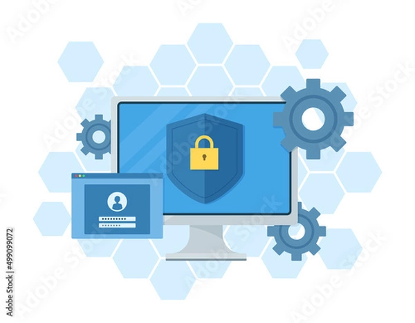 Fototapeta パソコンのセキュリティ設定をするイラスト. コンピュータのプライバシー管理をするベクターイラスト. 