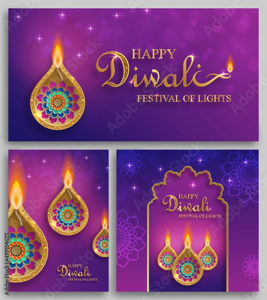 Obraz Happy Diwali vector illustration. Festive Diwali and Deepawali card. The Indian festival of lights on color background