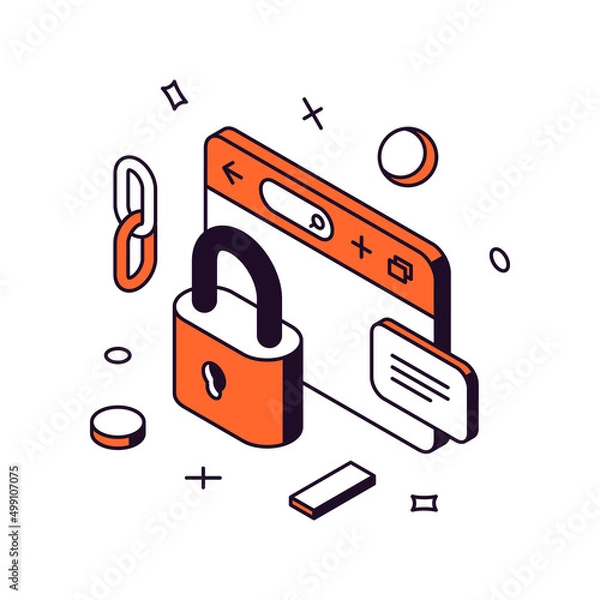 Fototapeta Internet security browser cyberspace protection with lock searching information incognito 3d icon isometric vector illustration. Online crime safety antivirus protect privacy hacking secure isolated