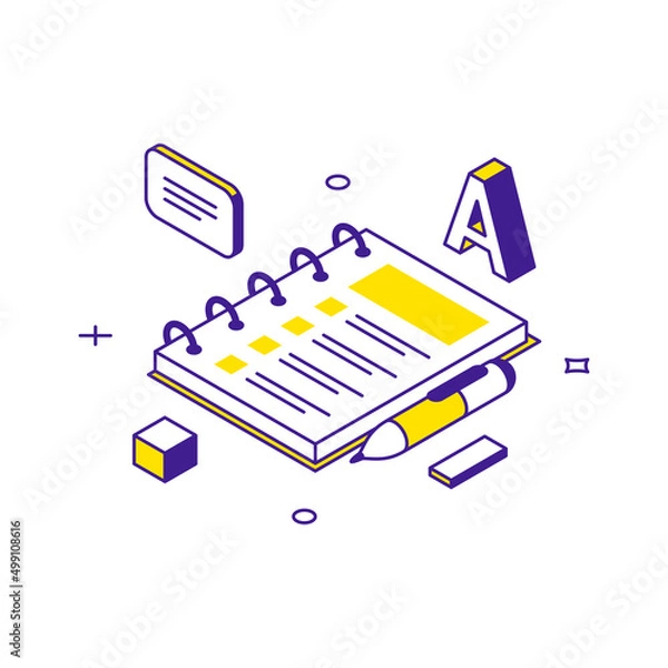 Fototapeta Paper notepad on spring for studying making notes with pen 3d icon isometric vector illustration. Book booklet blank for education science writing reminder communication school university learning