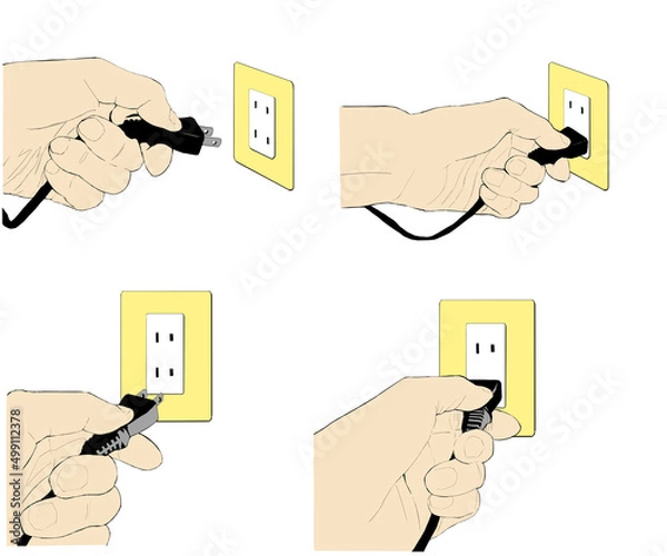 Obraz コンセントにプラグを挿入するリアルな手のイラストセット