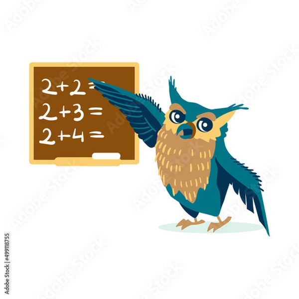 Fototapeta Wise owl standing at blackboard. Clever bird teaching at mathematics lesson or studying school subject. Back to school concept cartoon vector illustration on white background