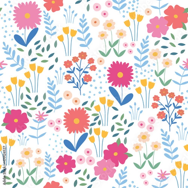 Fototapeta Vector seamless floral pattern. Endless pattern can be used for fabric, wallpaper, pattern fills, web page background, surface textures. Hand drawn flowers leaves and elements.