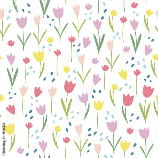 Fototapeta Vector seamless floral pattern. Endless pattern can be used for fabric, wallpaper, pattern fills, web page background, surface textures. Hand drawn flowers leaves and elements.