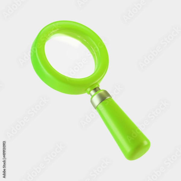 Fototapeta 3d green magnifying glass icon isolated on gray background. Render minimal transparent loupe search icon for finding, reading, research, analysis information. 3d cartoon realistic vector