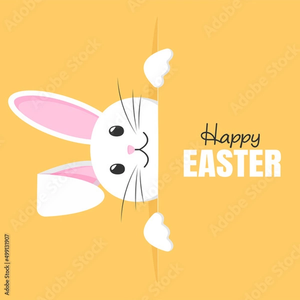 Fototapeta Happy Easter. Vector card with cute smiling rabbit. The rabbit peeks out from the left side. Easter Bunny on a yellow background. Greeting card concept. Christ is risen.