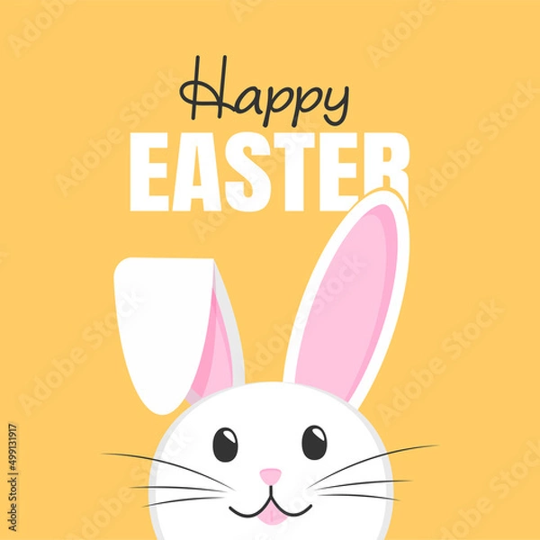 Fototapeta The rabbit peeks out from behind the inscription "Happy Easter". Postcard with a rabbit sticking out its tongue. Easter Bunny on a yellow background.
