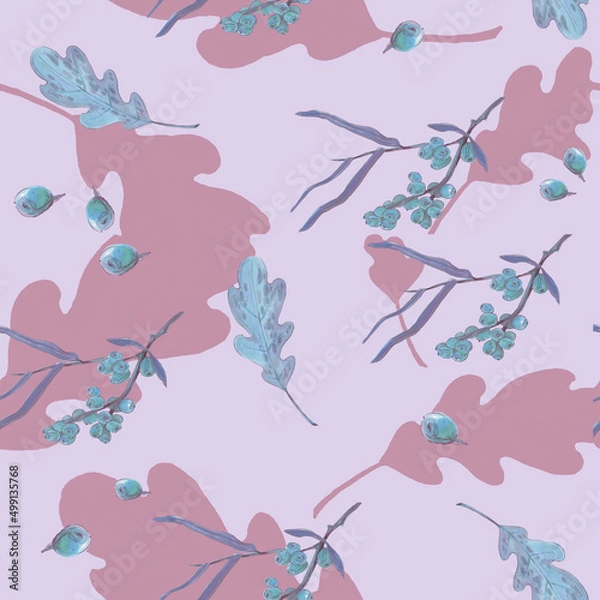 Fototapeta WATERCOLOR ILLUSTRATION SEAMLESS PATTERN AUTUMN OAK LEAVES,A BRANCH OF SEA BUCKTHORN WITH BERRIES AND LEAVES OF LARGE LEAVES,FOR WALLPAPER OR FURNITURE,SCRAP BOOKING