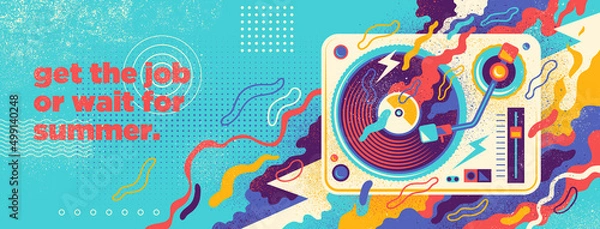 Obraz Abstract grungy style background design with gramophone and colorful splashing shapes. Vector illustration.