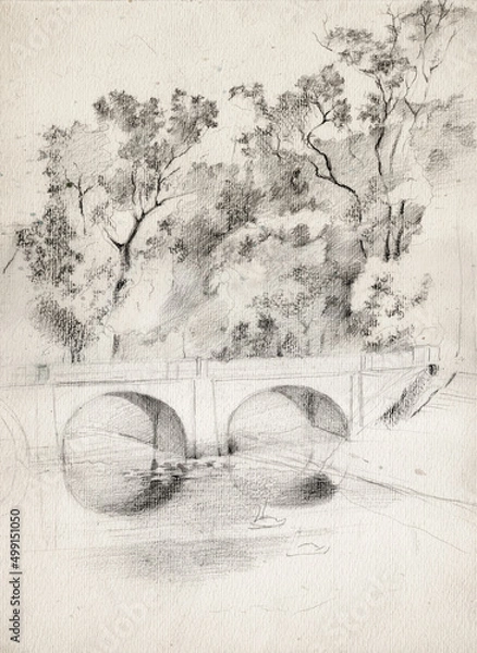 Obraz Vintage pencil sketch drawing on aged paper. A picturesque pond, a stone bridge with round arches in an a park in the Polish city of Bialystok