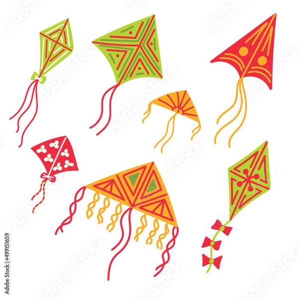 Fototapeta Set of bright flying kites on a white background.