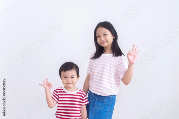 Fototapeta Photo of two happy little child showing OK sign isolated white color background.