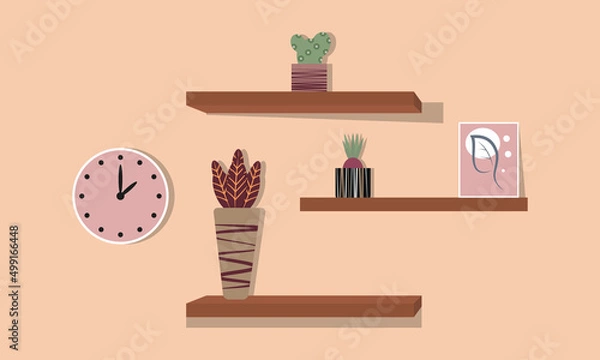 Fototapeta Cactuses in pots stand on the shelves. Decorative plants set isolate on white background. Vector illustrations set