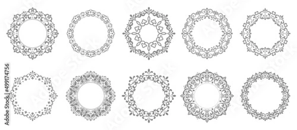 Fototapeta Set of decorative frames Elegant vector element for design in Eastern style, place for text. Floral gray and white borders. Lace illustration for invitations and greeting cards