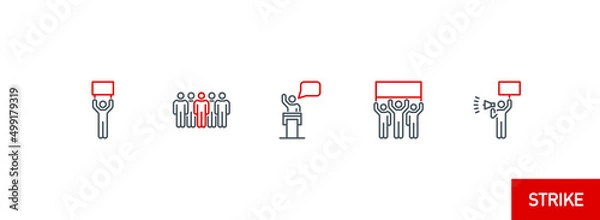 Obraz crowd of protesting activists at demonstrate single line icon isolated on white. Perfect outline symbol strike of group people against the war. rebels and insurgents element with editable Stroke line