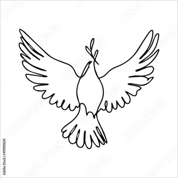 Fototapeta Dove vector illustration in one line style. The bird symbolizes peace and hope. A dove with an olive branch and open wings as a symbol of freedom. Bird in flight.