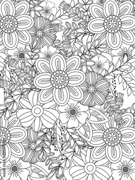 Fototapeta Doodle floral pattern in black and white. A page for coloring book: very interesting and relaxing job for children and adults. Zentangle drawing. Flower carpet in a magic garden