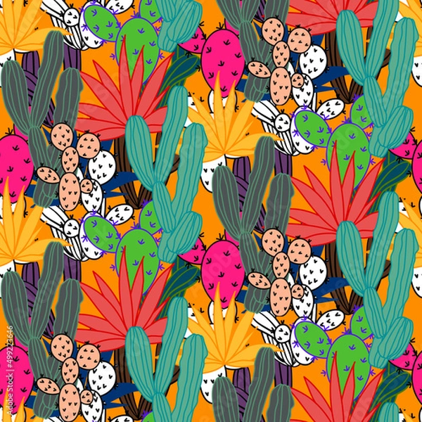 Fototapeta Vector seamless half-drop pattern, with cactus