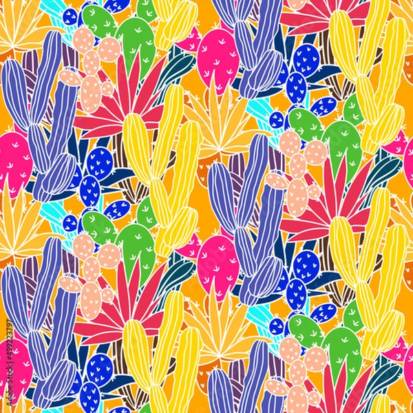 Fototapeta Vector seamless half-drop pattern, with cactus