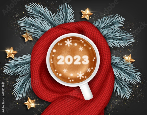 Fototapeta Cup of coffee swathed in scarf. Background for New Year or Christmas card