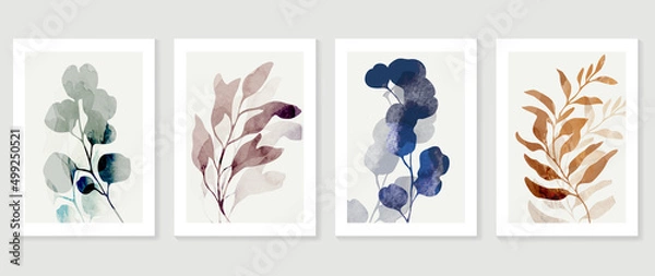 Fototapeta Abstract foliage wall art template. Set of botanical hand drawn wall decoration with branches, leaves, eucalyptus leaf. Watercolor texture design for wallpaper, banner, prints, interior, poster.