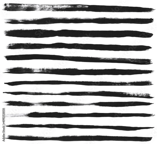 Fototapeta Set of lines of black paint texture. Hand drawn grunge brush strokes isolated on white background.