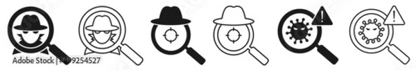 Obraz Set of fraud detection or hacker detection icons. Hacker, fraud investigation sign. Computer virus detection, scanning with a magnifying glass. Malware symbol, scam. Vector.
