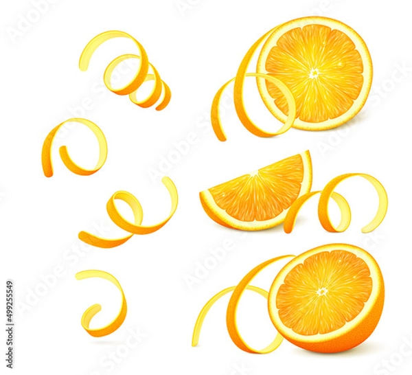 Fototapeta Pieces of orange fruit with twisted zest (peel) isolated on white background. Realistic vector illustration. 