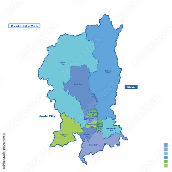 Fototapeta 京都市行政区・京都市地図 雨の日カラーで色分けしてみた（英語版）
